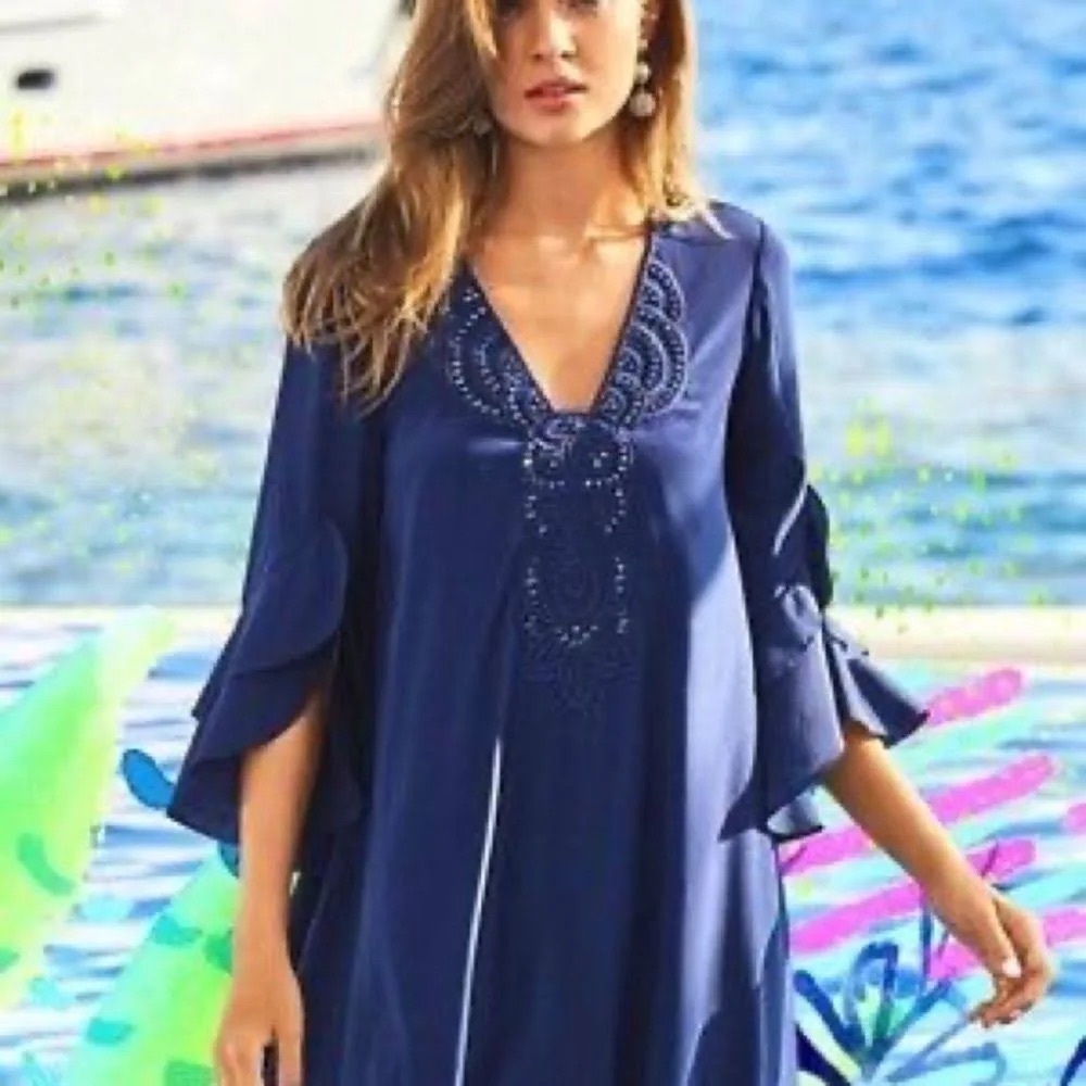 Lilly Pulitzer Tatiana Stretch Silk Dress Navy Sequins Embellished Size XS